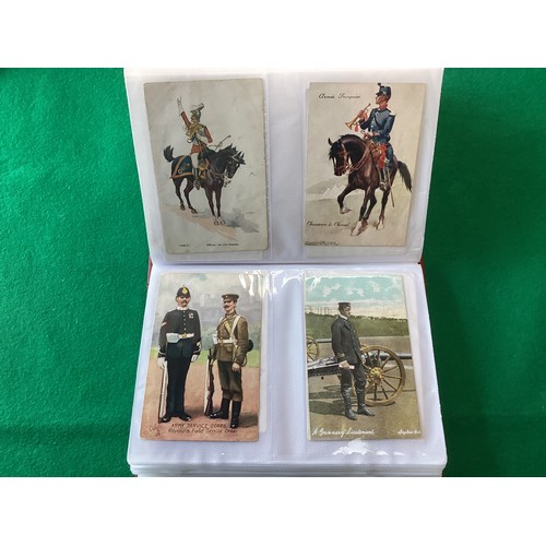 324 - A collection of approximately 520 standard-size military postcards in three albums, including art, c... 