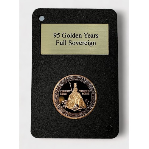 281 - A QEII Ltd Edition Gold Svereign, 95 Golden Years, 22ct, 7.98g, issued Gibraltar, proof Struck, obv ... 