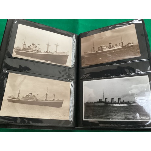 323 - An album containing nearly 200 shipping postcards and postcard size plain-backed photographs of ship... 