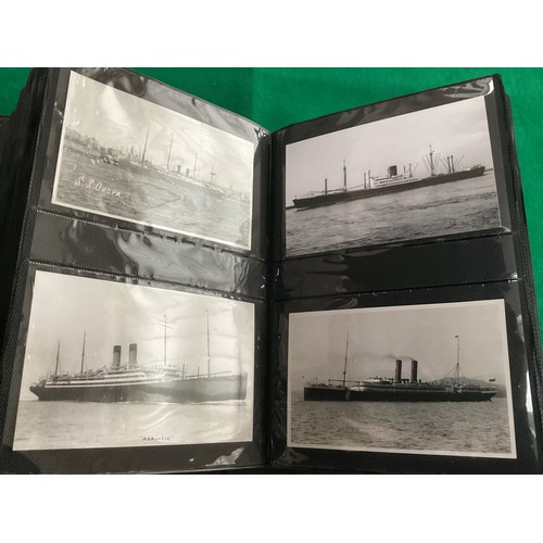 323 - An album containing nearly 200 shipping postcards and postcard size plain-backed photographs of ship... 