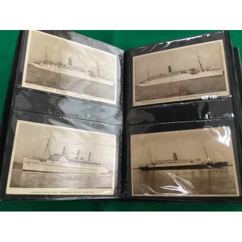 323 - An album containing nearly 200 shipping postcards and postcard size plain-backed photographs of ship... 