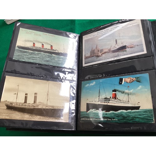 323 - An album containing nearly 200 shipping postcards and postcard size plain-backed photographs of ship... 