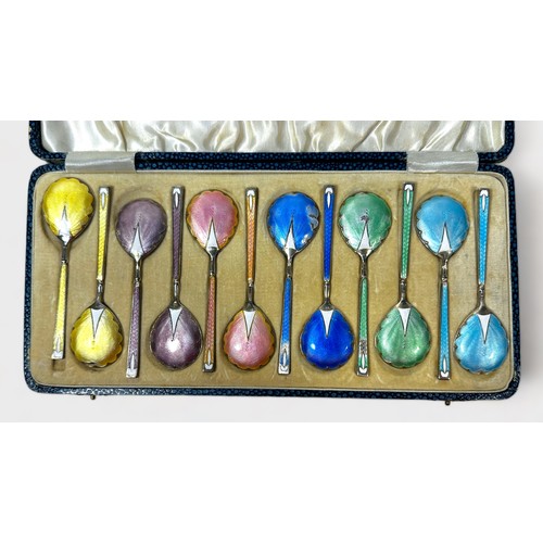 126 - A set of 12 silver and guilloche enamel teaspoons by Walker & Hall, in six colour pairs, hallmarked ... 