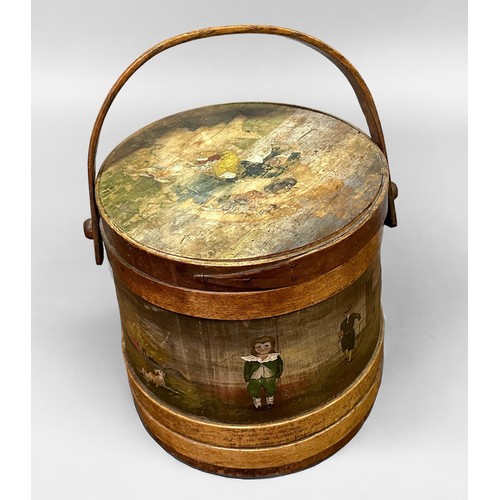 467 - A Victorian firkin bucket, of cylindrical form with bentwood swing handle, the lid and sides painted... 