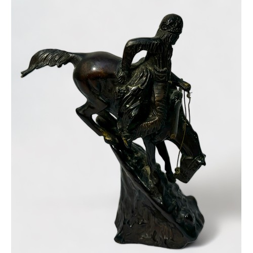 472 - After Frederic Remington (1861-1906), ‘Mountain man’, a bronze sculpture of mounted Native American ... 