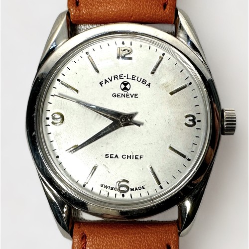 164 - A gents vintage stainless steel Favre-Leuba Sea Chief manual wind wristwatch, the white enamel dial ... 