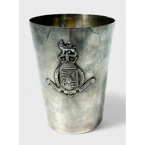 131 - A silver-plated beaker by Elkington & Co. With relief mounted crest for Kings College London, bearin... 