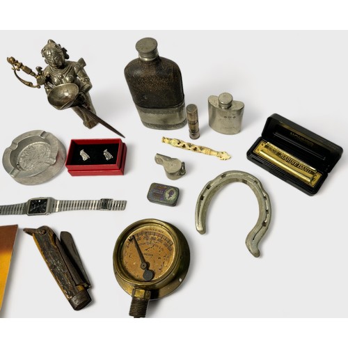 473 - A mixed lot of collectables, comprising, a leather bound and glass bottle hunting hip flask by Yates... 