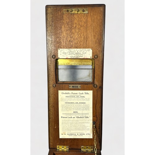 466 - A Victorian mahogany cased mechanical Patent Cash Till with bell by G.H. Gledhill & Sons, applied ma... 