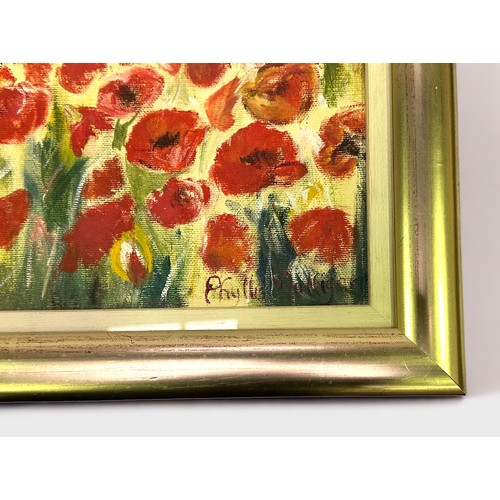 655 - Phyllis Mulligan (Scottish Contemporary), depicting a poppy field in bloom with country landscape be... 