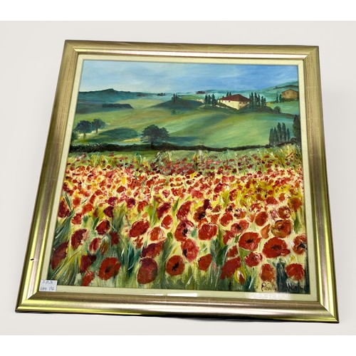 655 - Phyllis Mulligan (Scottish Contemporary), depicting a poppy field in bloom with country landscape be... 