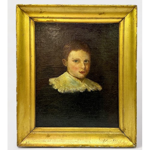 656 - English School, late 18th/19th Century, head and shoulders portrait of a young boy with brown hair, ... 