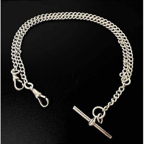 171 - A silver double-Albert chain, with t-bar and two dog clips, 55cm long, gross weight approximately 29... 