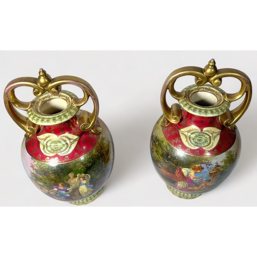 35 - A pair of Vienna style Porcelain vases of ovoid baluster form with scrolled gilt-handles, gilt-decor... 