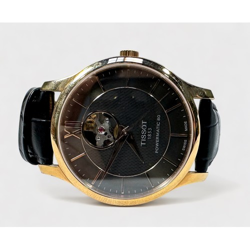 173 - A gents gold-plated Tissot Powermatic 80 automatic wristwatch, the textured grey metallic dial with ... 