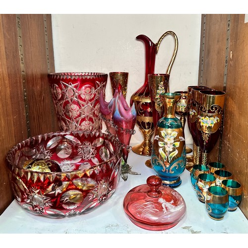 44 - A Murano enamelled and gilt blue glass liquer set and various Murano ruby glass, together with two B... 