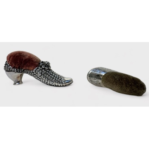 372 - Four various novelty pin cushions including a silver example modelled as a shoe, makers marks ‘AF’, ... 