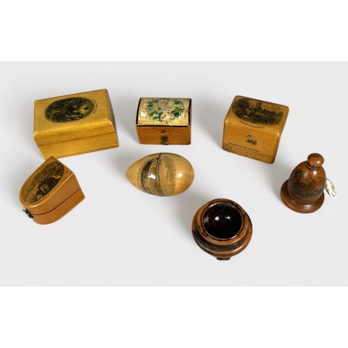 355 - Six Mauchline Ware Treen Haberdashery items comprising a tape measure, four thimble cases and an etu... 