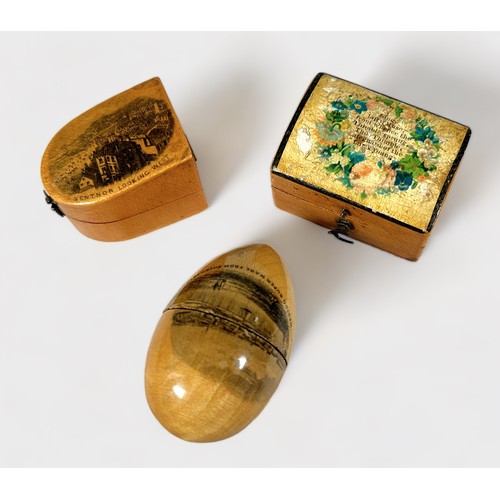 355 - Six Mauchline Ware Treen Haberdashery items comprising a tape measure, four thimble cases and an etu... 