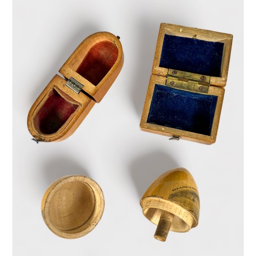 355 - Six Mauchline Ware Treen Haberdashery items comprising a tape measure, four thimble cases and an etu... 