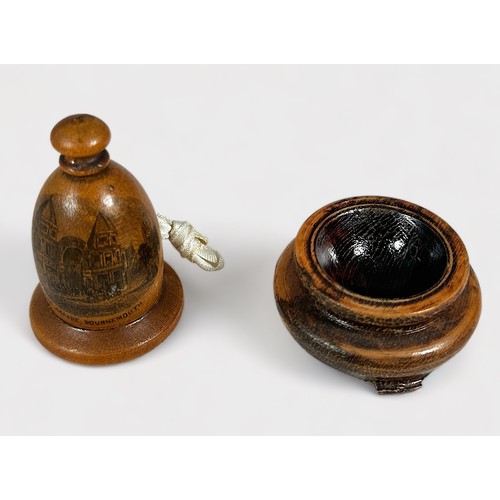 355 - Six Mauchline Ware Treen Haberdashery items comprising a tape measure, four thimble cases and an etu... 