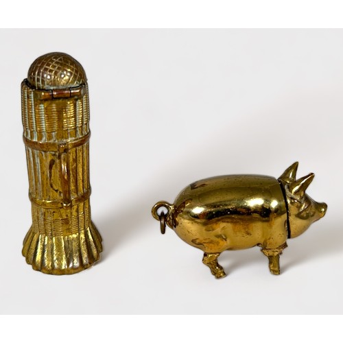 378 - A rare 19th century novelty gilt-brass vesta/needle case in the form of a wicker-work eel trap, with... 