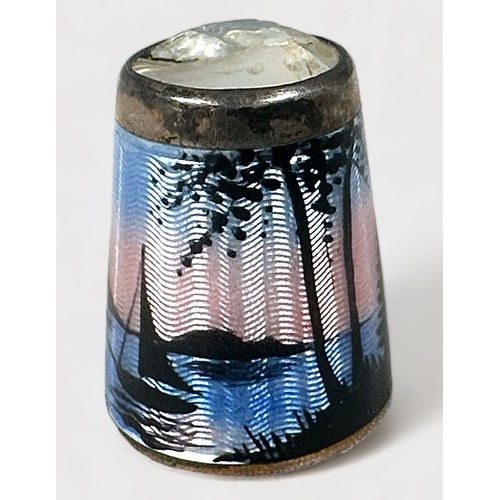 388 - A Norwegian Enamelled thimble by David Anderson, the body with a landscape/seascape at dusk with tre... 