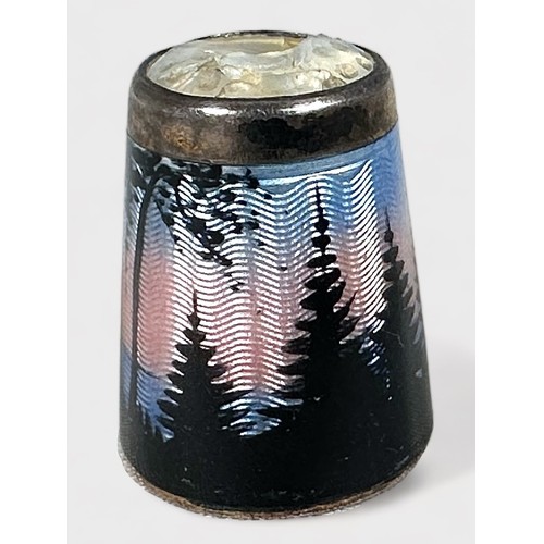 388 - A Norwegian Enamelled thimble by David Anderson, the body with a landscape/seascape at dusk with tre... 