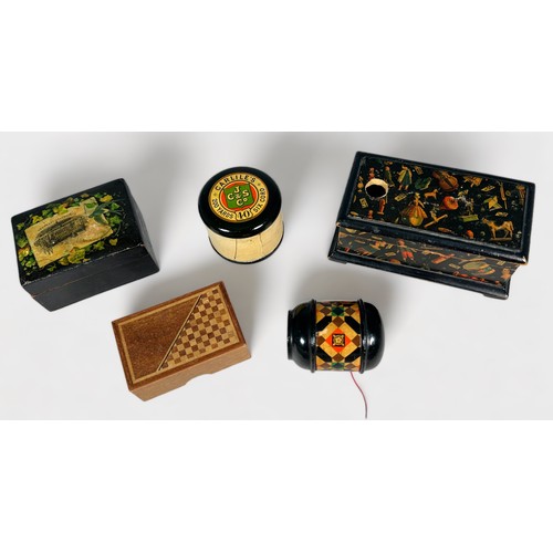 376 - Four Vintage Sewing Cotton Reel Boxes, comprising a Mauchline Ware box with Winchester Cathedral top... 