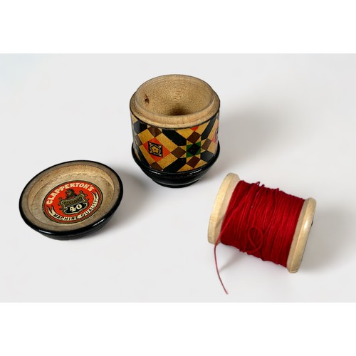 376 - Four Vintage Sewing Cotton Reel Boxes, comprising a Mauchline Ware box with Winchester Cathedral top... 