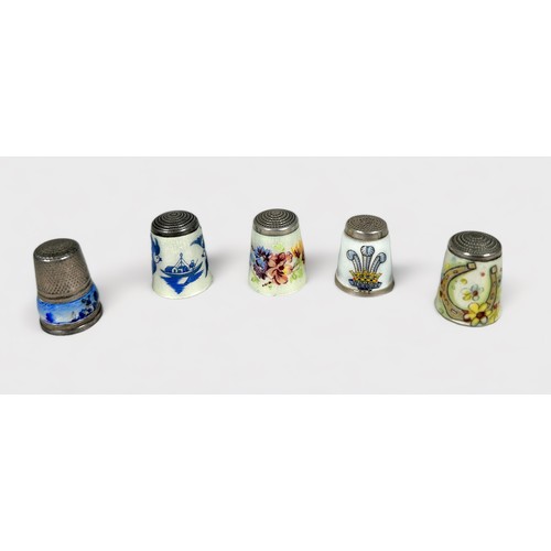 384 - Five white-metal and enamel thimbles, marked 925.S