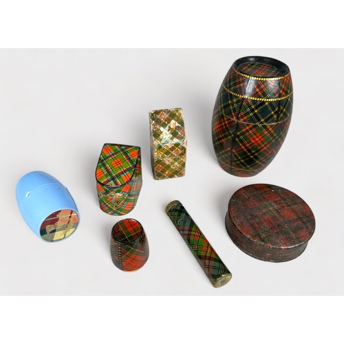 364 - Five Tartan Ware sewing accessories including a Barrel 'string box,' a 'Knife Box' needle case, 'kni... 