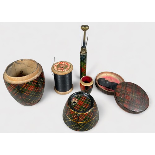 364 - Five Tartan Ware sewing accessories including a Barrel 'string box,' a 'Knife Box' needle case, 'kni... 