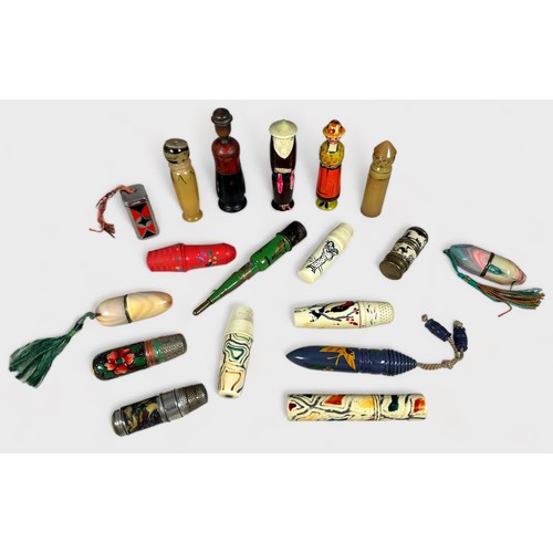 363 - Eighteen various novelty and souvenir etuis / needle cases, various materials including painted Japa... 