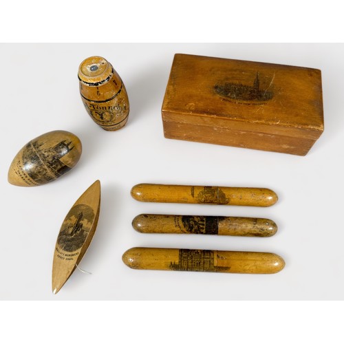 360 - Mauchline Ware / Transfer Ware, seven items including a tatting shuttle, three needle cases, thimble... 