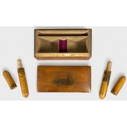 360 - Mauchline Ware / Transfer Ware, seven items including a tatting shuttle, three needle cases, thimble... 