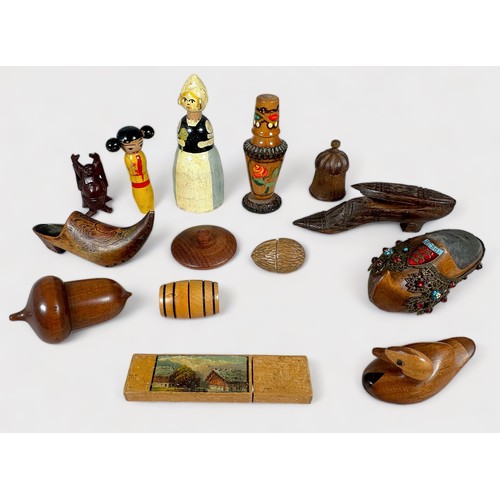 370 - Varioius vintage wooden and painted wooden sewing notions including a late Victorian carved Thistle ... 