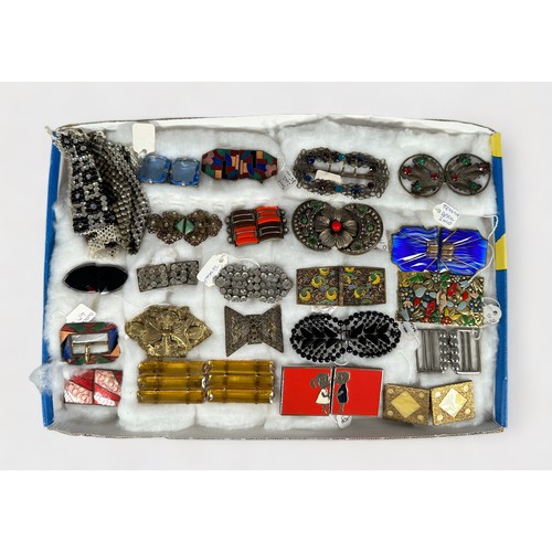 366 - Twenty-two vintage ladies belt buckles, including guilloche enamel, diamante, filigree, painted enam... 