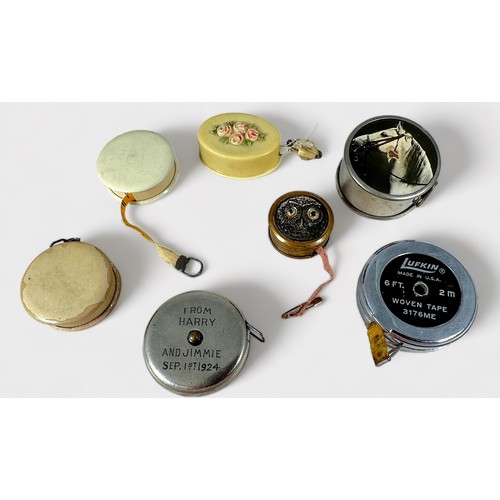 359 - Thirty-Eight Various habidashery miniature tape measures including three Treen fishing reels, Jay Br... 