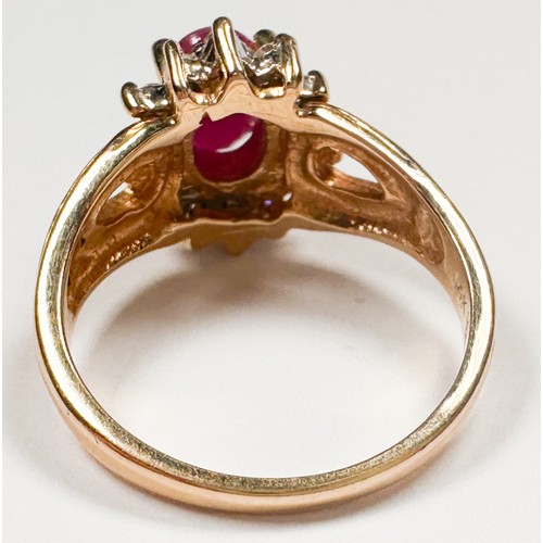 238 - A 14ct yellow gold dress ring, four-claw set with an oval shaped ruby to the centre, measuring 7mm x... 