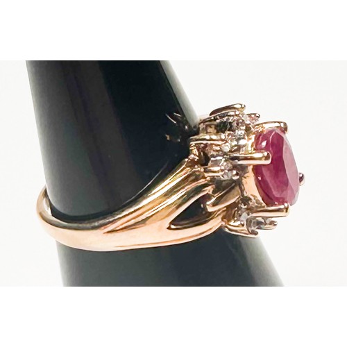 238 - A 14ct yellow gold dress ring, four-claw set with an oval shaped ruby to the centre, measuring 7mm x... 