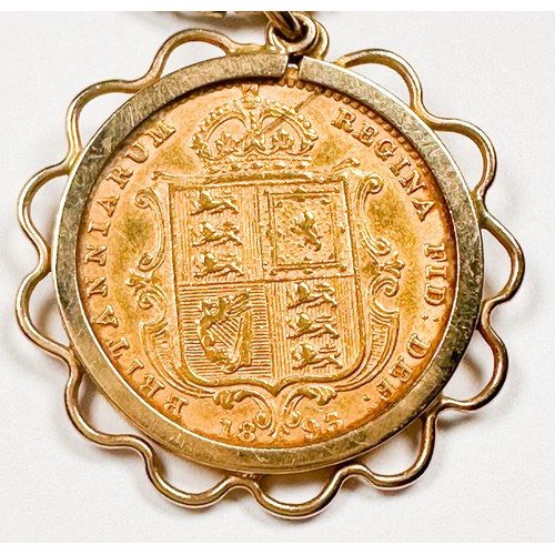 242 - A 22ct gold half sovereign, 1893, Queen Victoria, Sheild back, in 9ct yellow gold pendant setting wi... 