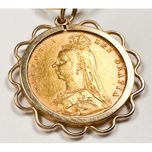 242 - A 22ct gold half sovereign, 1893, Queen Victoria, Sheild back, in 9ct yellow gold pendant setting wi... 