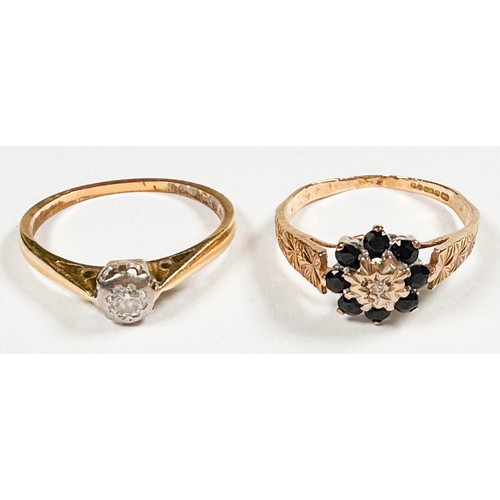 254 - An 18ct gold solitaire diamond ring, and a 9ct gold sapphire and diamond dress ring, total weight 4.... 