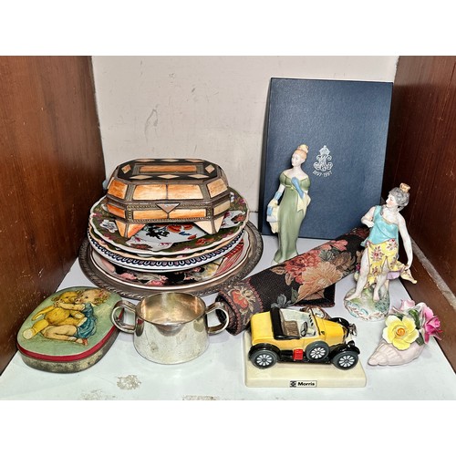 71 - A mixed lot comprising, a porcelain figure a lady with peacock, in the manner of Chelsea-Derby, gold... 