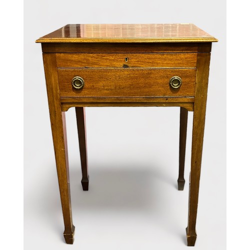 383 - An early 20th century stained walnut work table, of rectangular form with hinged top enclosing velve... 