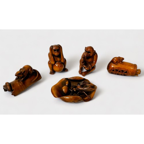 90 - Five various Japanese carved and stained boxwood Netsuke, signed, including a cat and rat in basket,... 