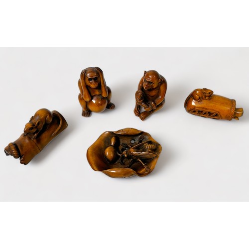 90 - Five various Japanese carved and stained boxwood Netsuke, signed, including a cat and rat in basket,... 