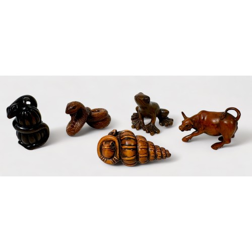 88 - Five various Japanese carved and stained boxwood Netsuke, signed, including a Bull, Frog, Cobra, ser... 