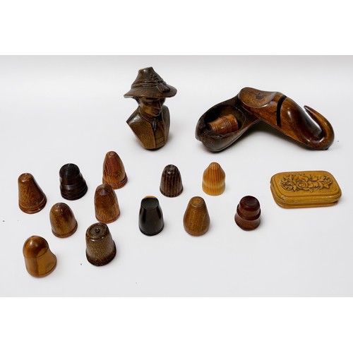 367 - Thirteen various turned hardwood thimbles including Amazon Rosewood, Lignum Vitae etc, together with... 